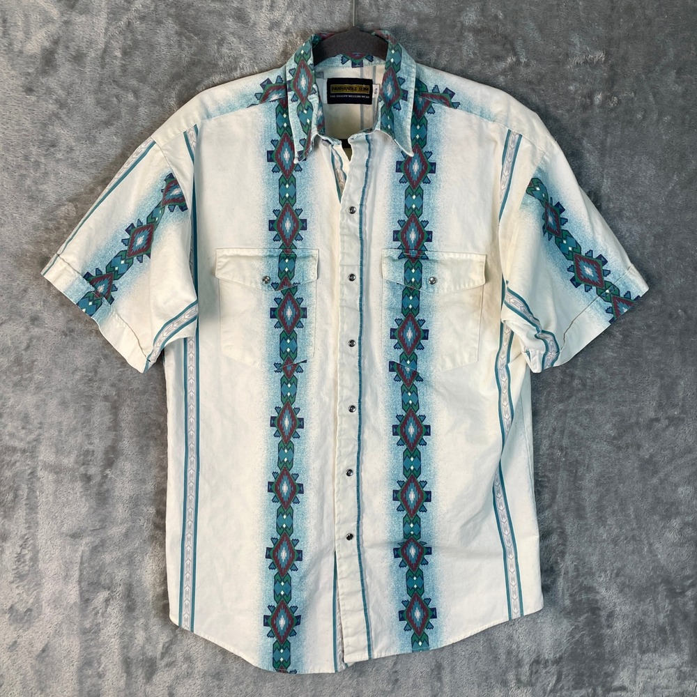Panhandle Slim Western Shirt Mens 15.5 White Turquoise Aztec Pearl Snap Short